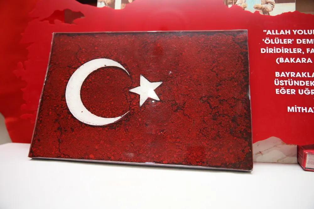 Şehit mezarlarından aldığı topraklardan Türk bayrağı tablosu yaptı