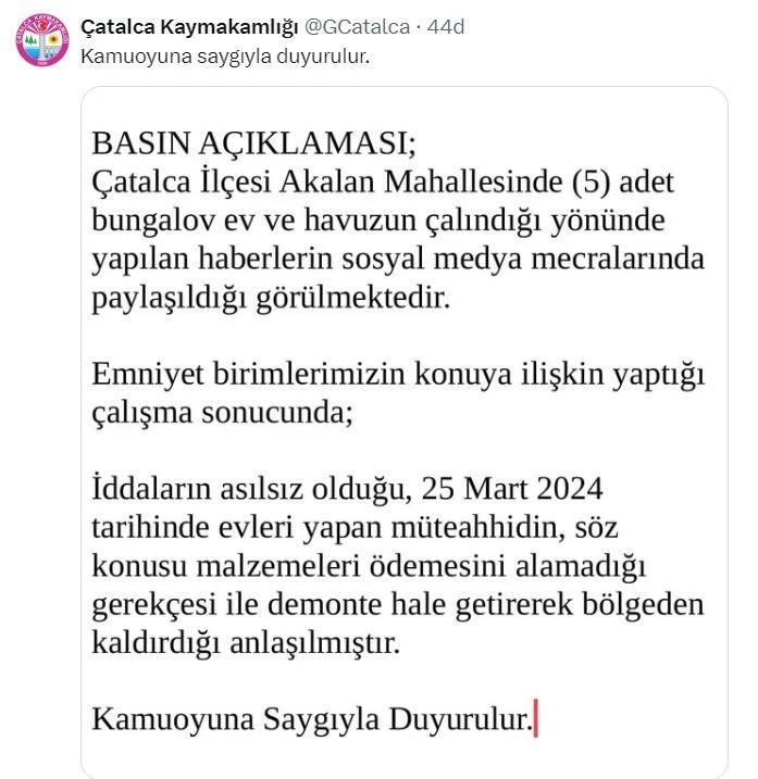 Çatalca Kaymakamlığından 