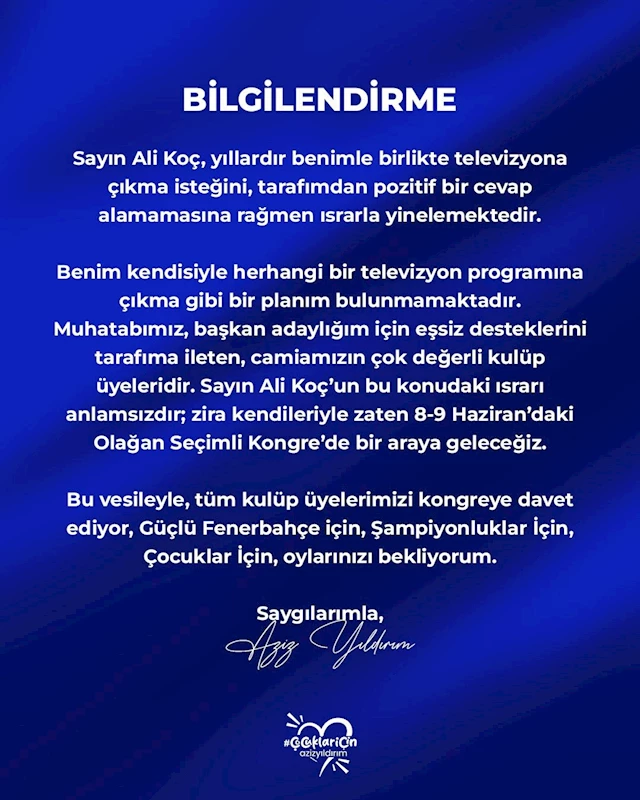 Aziz Yıldırım, Ali Koç’un televizyon programına çıkma teklifini reddetti
