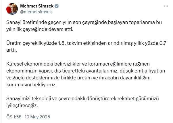 Bakan Şimşek: Sanayi üretimindeki toparlanma devam etti