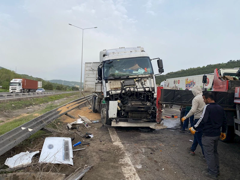 Otoyolda bariyerlere çarpan buğday yüklü TIR devrildi